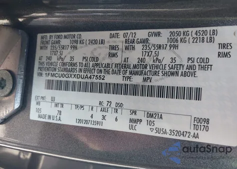 2013 Ford Escape Se z USA, uszkodzony, nr VIN 1FMCU0GXXDUA47552